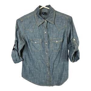 Gap Chambray Denim Pearl Snap Shirt Blouse Emo Western Medium XS